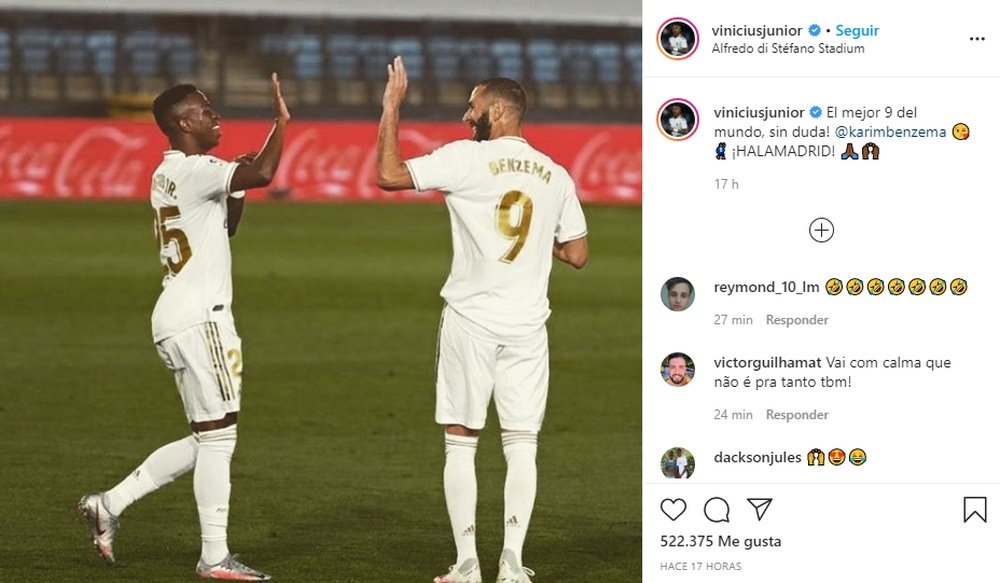 Vinicius hails Benzema. Instagram/ViniciusJunior