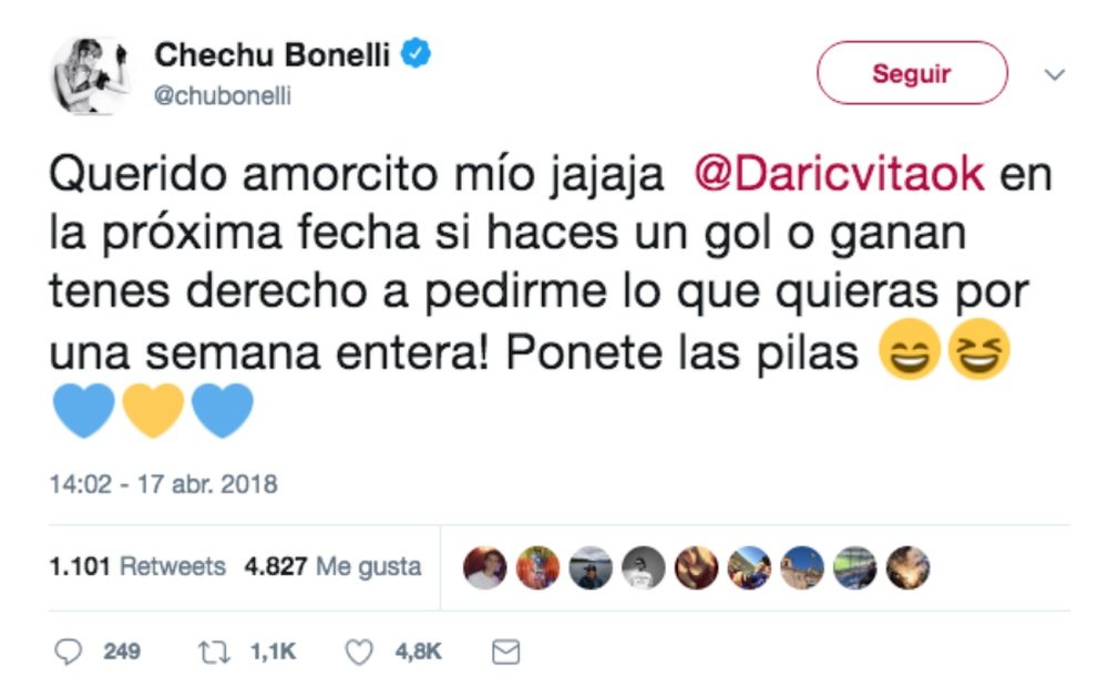 Chechu Bonelli le hizo una promesa a su marido. Twitter/ChechuBonelli