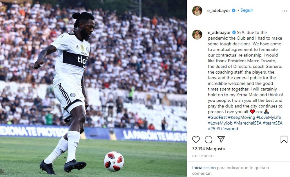 Adebayor ya es historia de Olimpia. Instagram/E_Adebayor