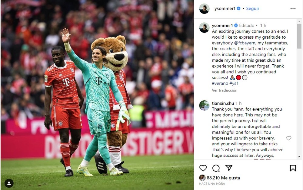 Sommer se despidió del Bayern tras 7 meses. Instagram/ysommer1