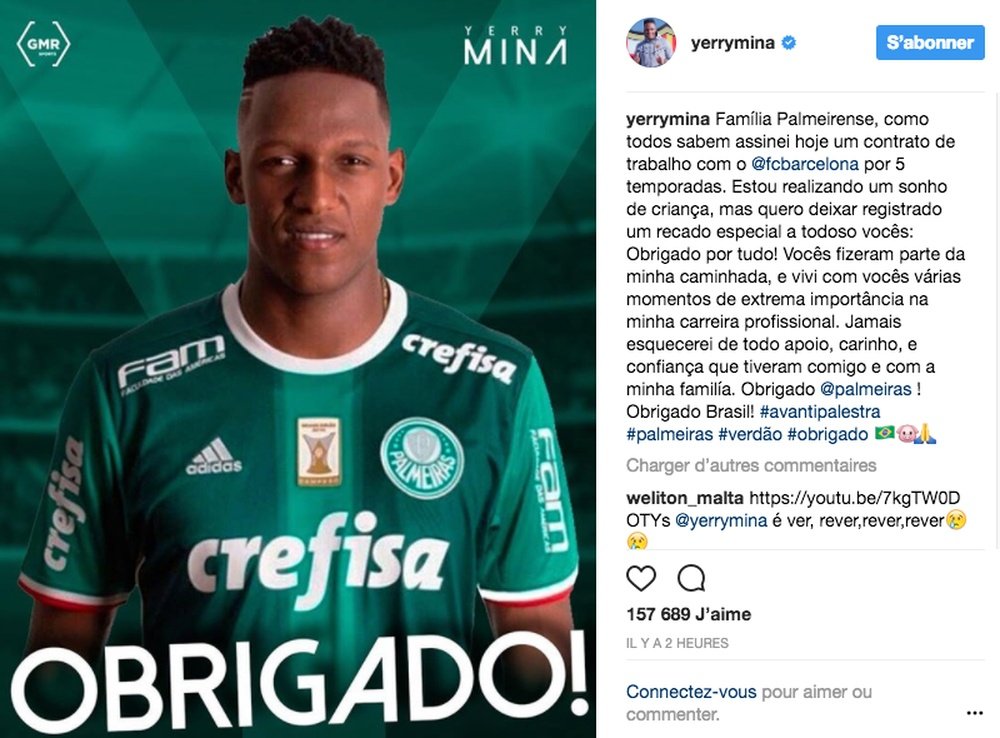 Yerry Mina se despidió de Palmeiras. YerryMina