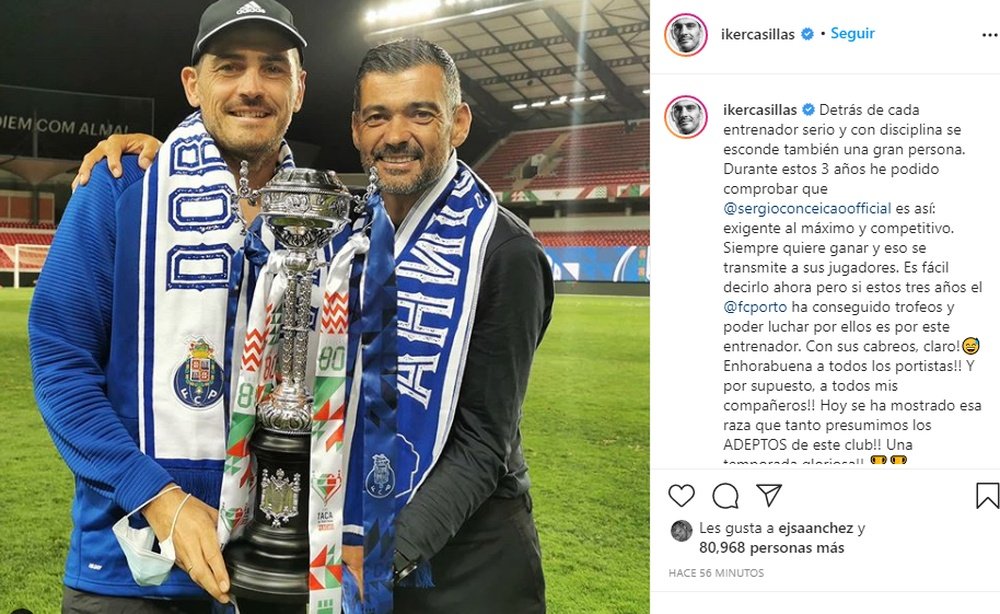 Casillas agradeció el gesto a su entrenador. Instagram/ikercasillas