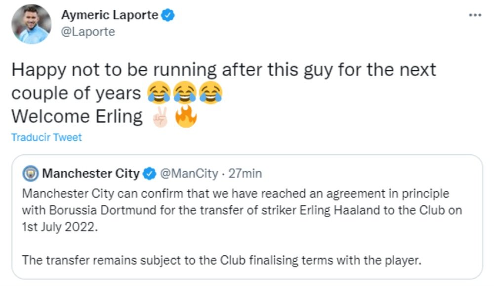 Laporte dá as boas vindas a Haaland.Twitter/Laporte