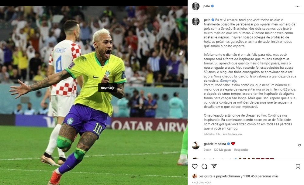 Pelé parabeniza Neymar por bater o seu recorde. Instagram/Pele
