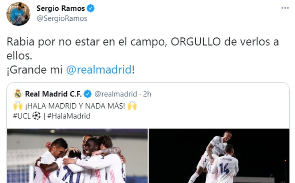 Ramos felicitó a sus compañeros tras ganar al Liverpool. Twitter/SergioRamos