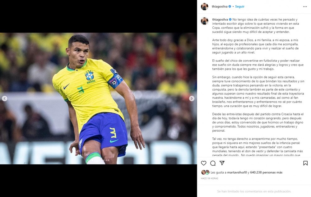 Thiago Silva não esquece a eliminação.Instagram/thiagosilva