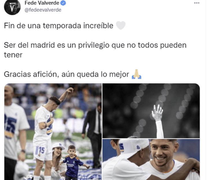Valverde compartió un mensaje en redes. Twitter/fedeevalverde