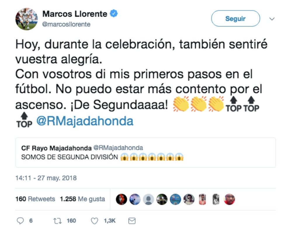 El Rayo Majadahonda ascendió y Marcos Llorente se acordó del club. Captura/RayoMajadahonda