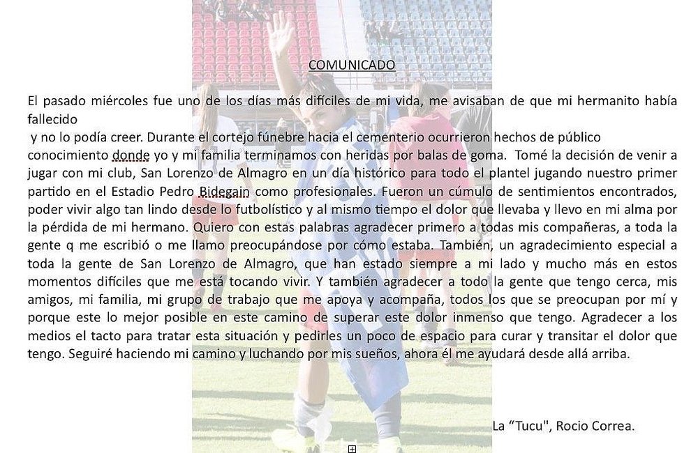 La carta de la jugadora que fue baleada durante el funeral de su hermano. Twitter/SelecciónArgentina