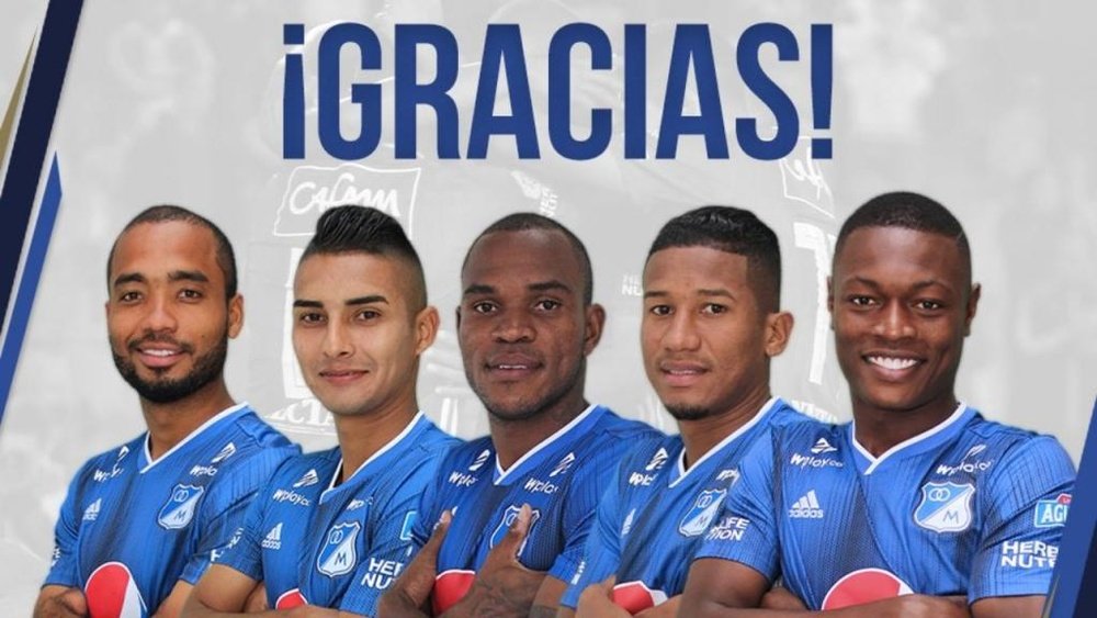 Payares, Carlos López, Jaír Palacios, Álex Rambal y Fabián González. Twitter/Millonarios