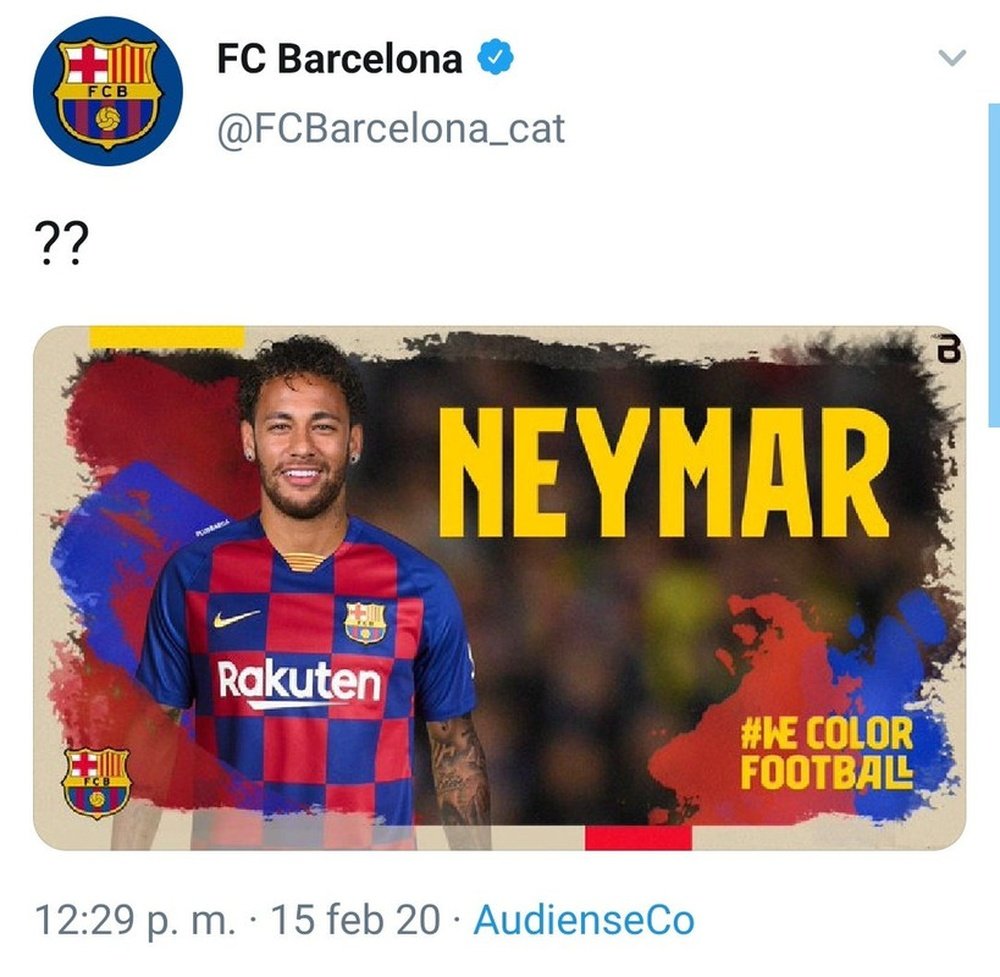Le compte Twitter du Barça se fait hacker et annonce le retour de Neymar. Capture/FCBarcelone
