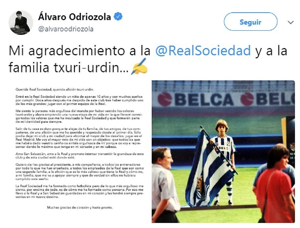 Odriozola se despidió de la Real. Twitter/AlvaroOdriozola