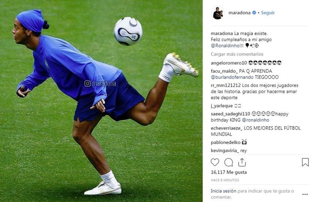 Maradona también felicitó a Ronaldinho. Instagram/maradona
