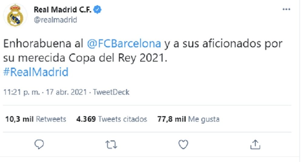 El Madrid felicitó al Barcelona por el título. Captura/Twitter/RealMadrid