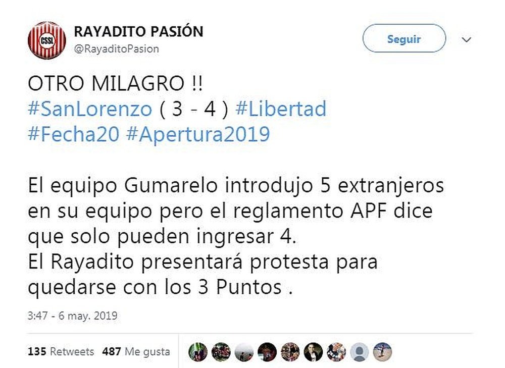 Sportivo San Lorenzo denunciará alineación indebida de Libertad. Twitter/RayaditoPasion