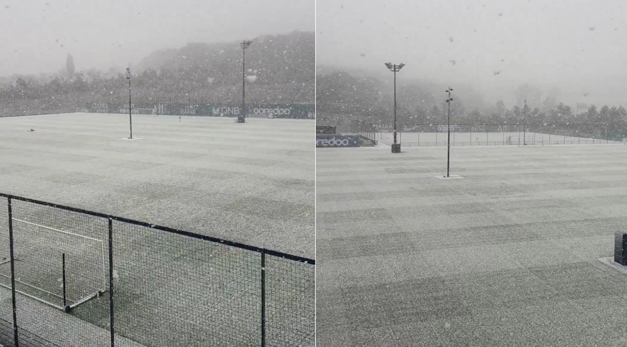 El PSG estrena ciudad deportiva con una nevada. X/ActuFoot_