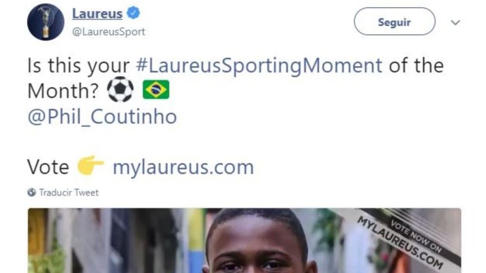 El gesto del brasileño puede tener premio. Twitter/Laureus