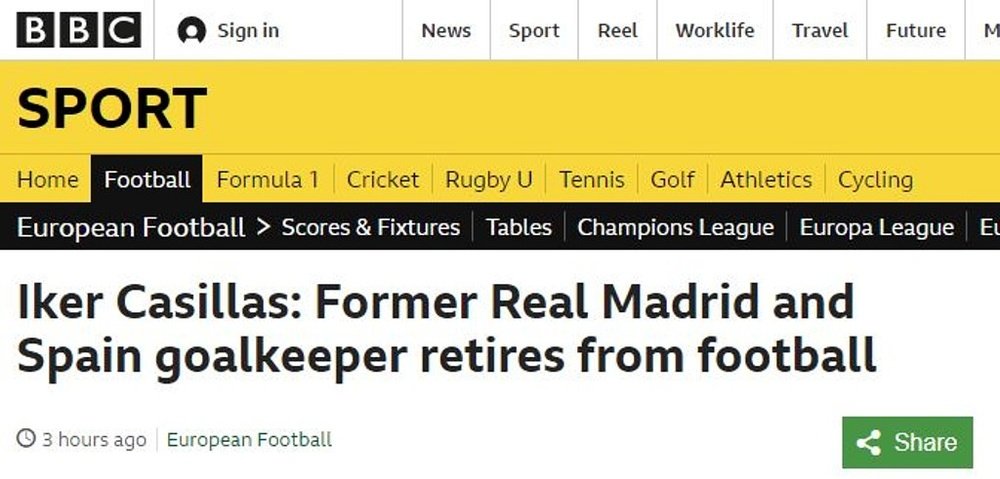 La relevancia de Casillas es internacional. Captura/BBCSport