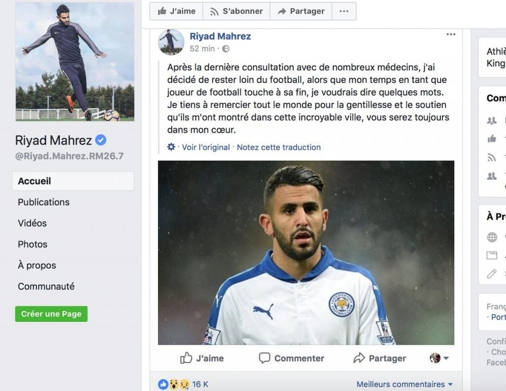 Mahrez diz adeus ao futebol profissional. Facebook/RiyadMahrez
