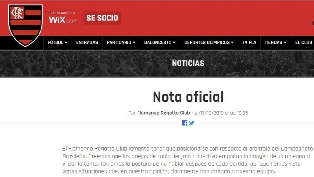 Flamengo foi contundente em seu texto. Captura/Flamengo