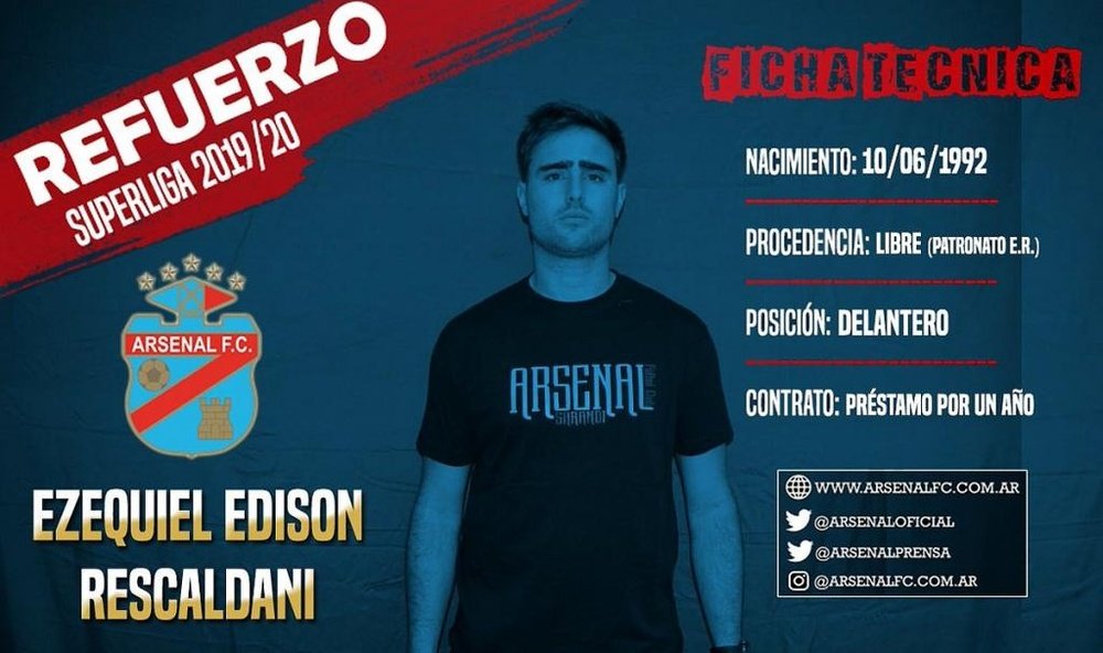 Rescaldani seguirá en Argentina: firmó con Arsenal. Twitter/ArsenalOficial