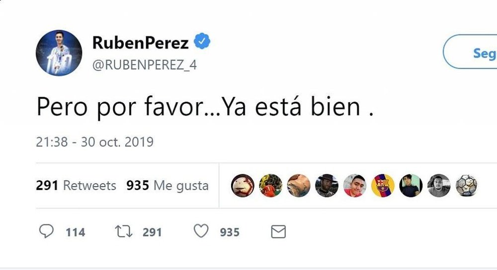 La queja de Rubén Pérez por el VAR en el Bernabéu. Twitter/RUBENPEREZ_4