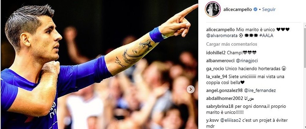 Morata se tatúo el rostro de su mujer. Instagram/AliceCampello