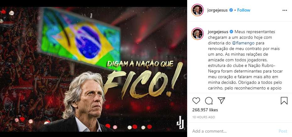 Jorge Jesus seguirá un año más en Flamengo