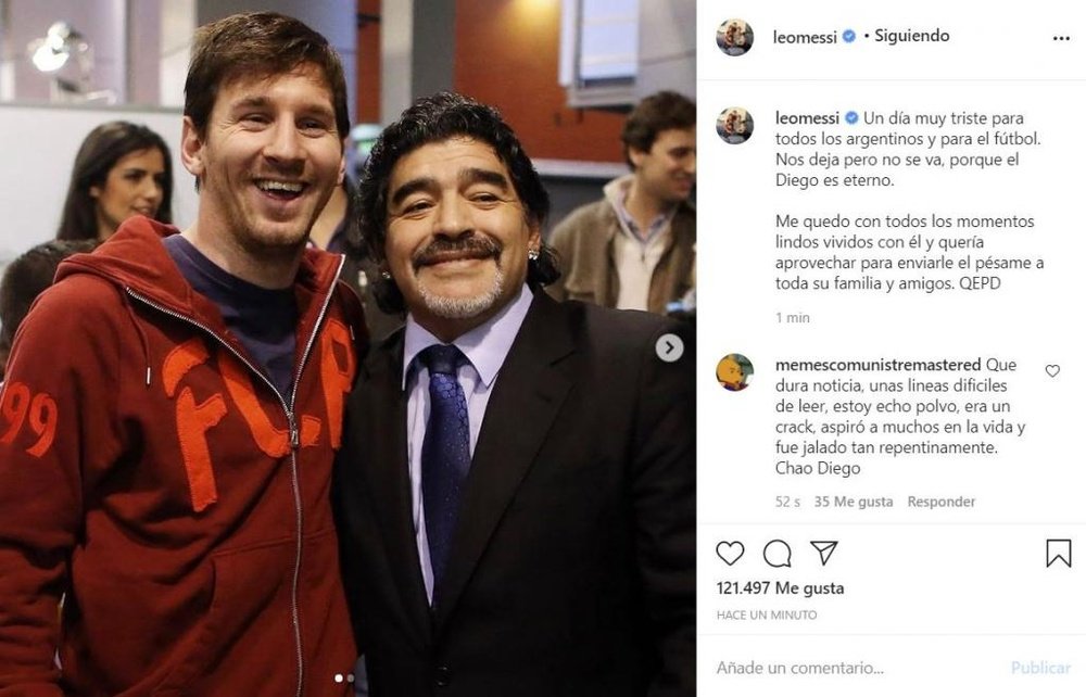 Messi se sumó a las condolencias por el fallecimiento de Maradona. Instagram/leomessi