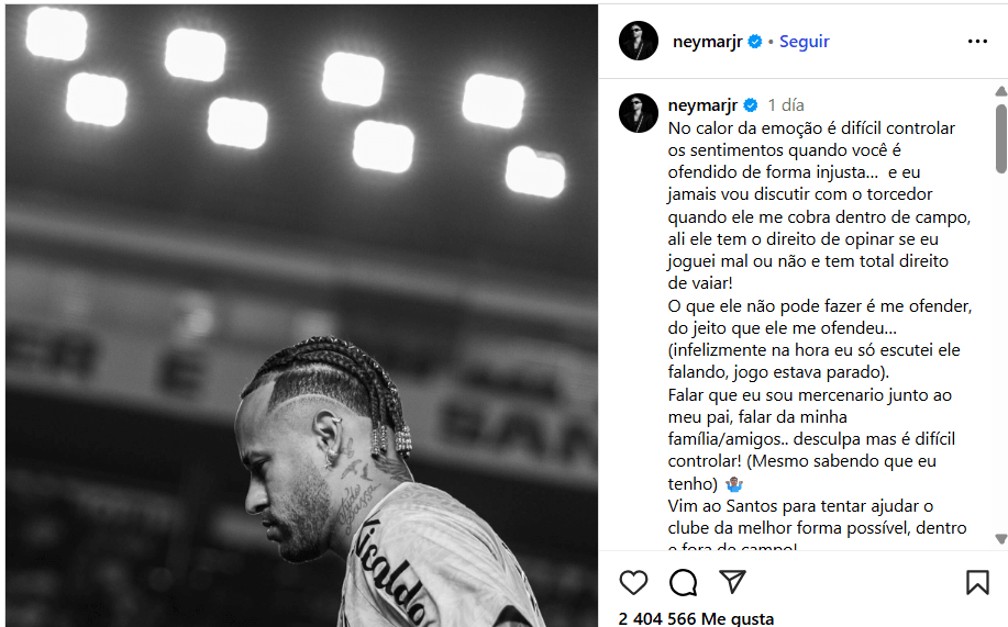 Neymar Jr salió a dar explicaciones en Instagram tras su encontronazo con un hincha de Santos tras perder contra Inter de Porto Alegre. El delantero argumentó que el aficionado había cruzado la línea de lo personal y aseguró que se irá si su gente cree que perjudica al club.