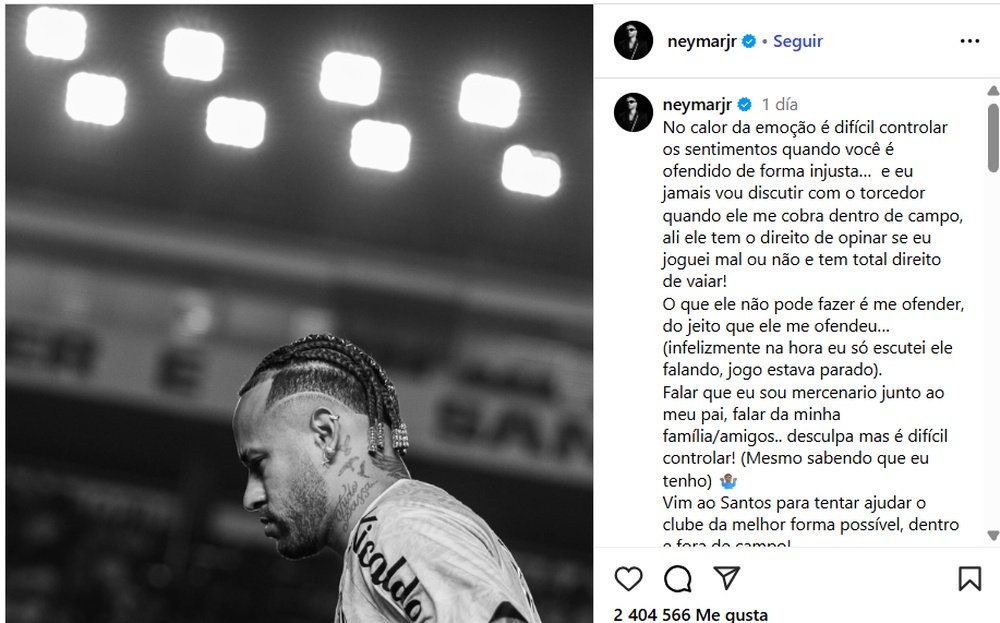 Neymar se irritou com um torcedor do Santos FC. Instagram/neymarjr