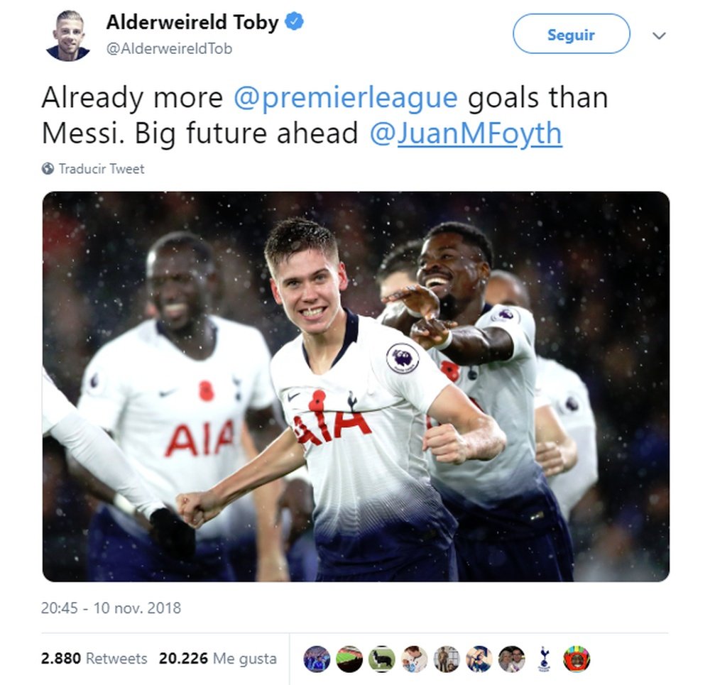 Un gran futuro por delante le espera a Foyth. Twitter/AlderweireldToby