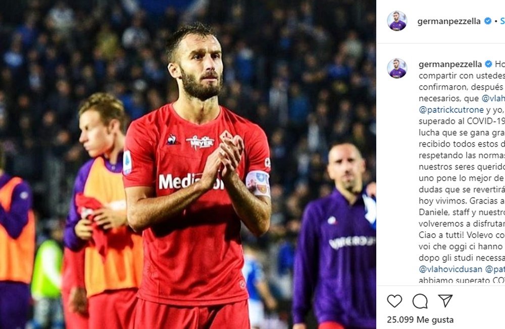 Três jogadores da Fiorentina vencem o coronavírus. Instagram/germanpezzella