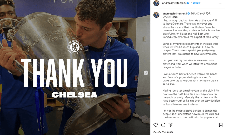 Christensen annonce son départ et se rapproche un peu plus du Barça. Instagram/andreaschris