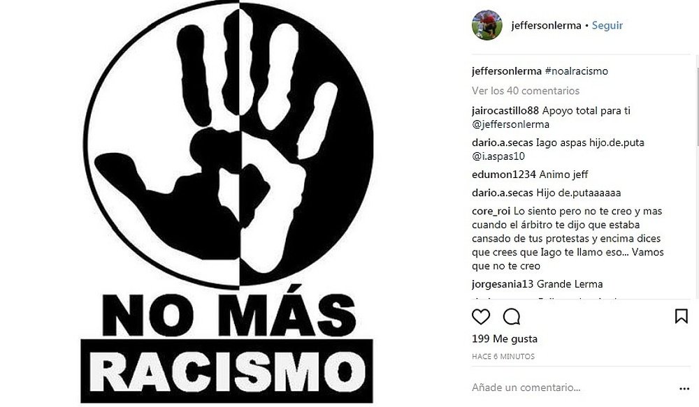 La publication du joueur de Levante pour condamner ces propos. Captura/Instagram/JeffersonLerma