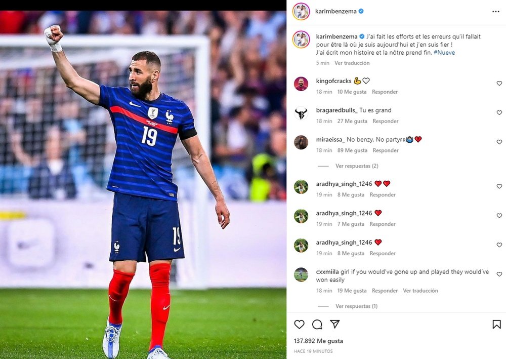 Benzema se despide tras 97 partidos oficiales con Francia. Captura/Instagram/karimbenzema