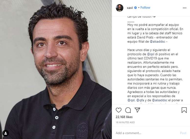 Xavi Hernández da positivo en COVID-19. Instagram/Xavi