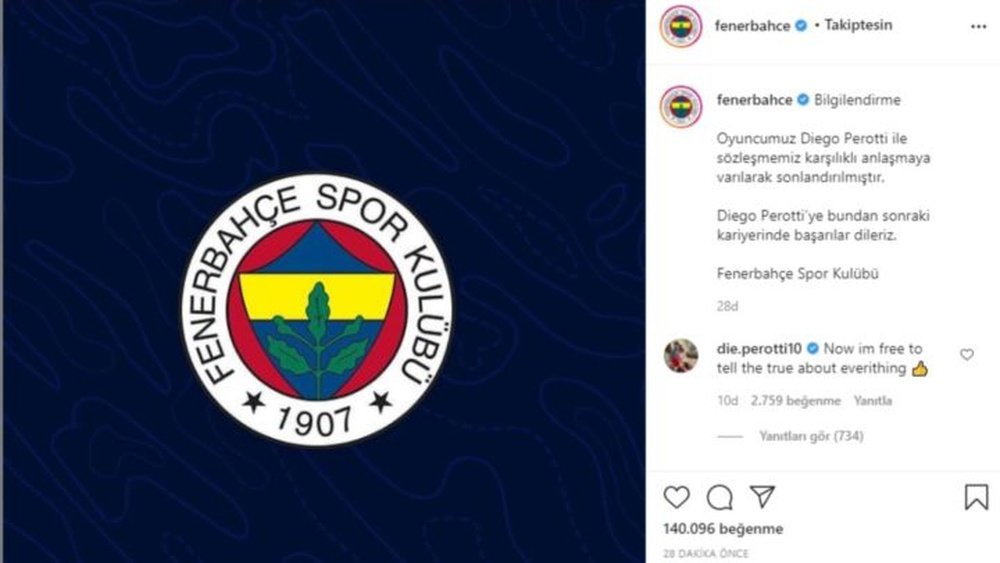 Perotti contestó al club tras el cese de contrato. Instagram/Fenerbahce