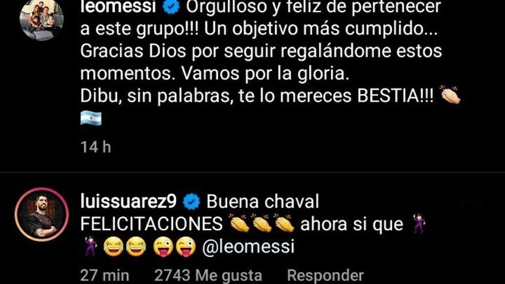 Luis Suárez le comentó en Instagram a Leo Messi. Instagram/leomessi