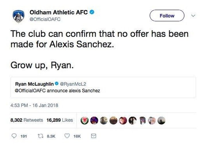 Le 'CM' d'Oldham Athletic répond à son joueur sur le transfert d'Alexis Sanchez
