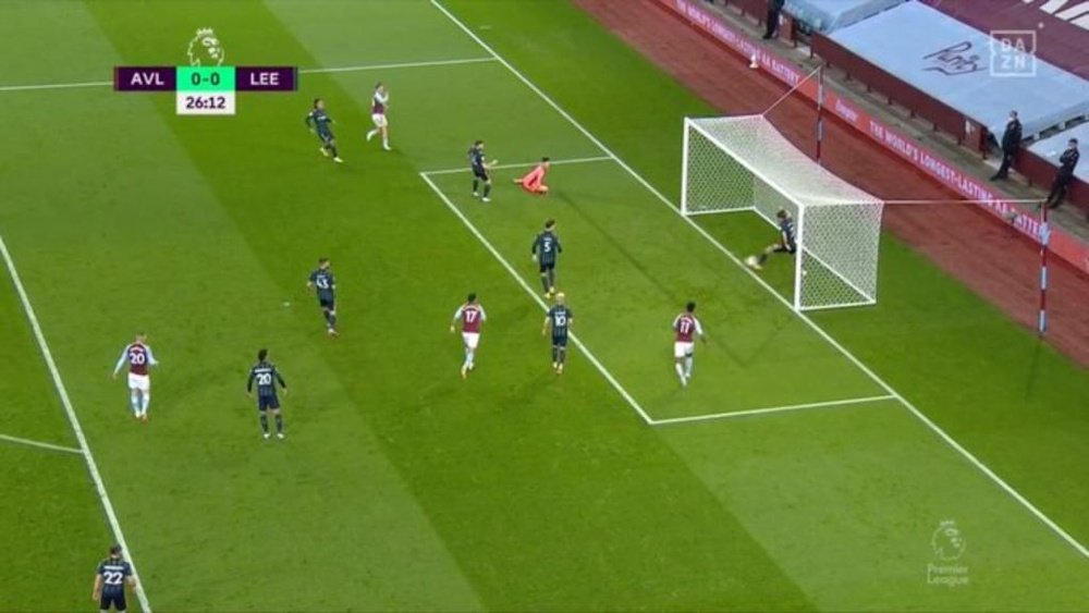 Ayling made a brilliant clearance to prevent Aston Villa taking the lead. Screenshot/DAZN