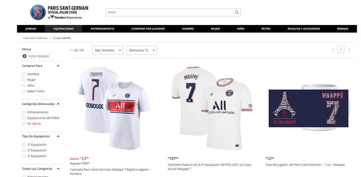 Mbappe's shirt taken off online shop. Screenshot/PSG