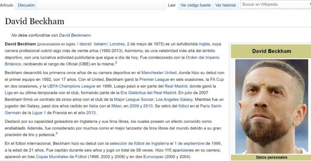 Beckham's photo on Spanish Wikipedia was altered. Screenshot/Wikipedia