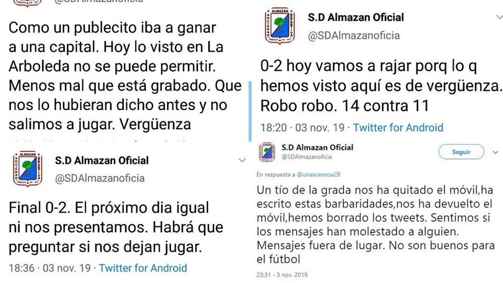 Tweets polémicos, un móvil 'robado' y las disculpas del Almazán. Twitter/AlmazánOficial