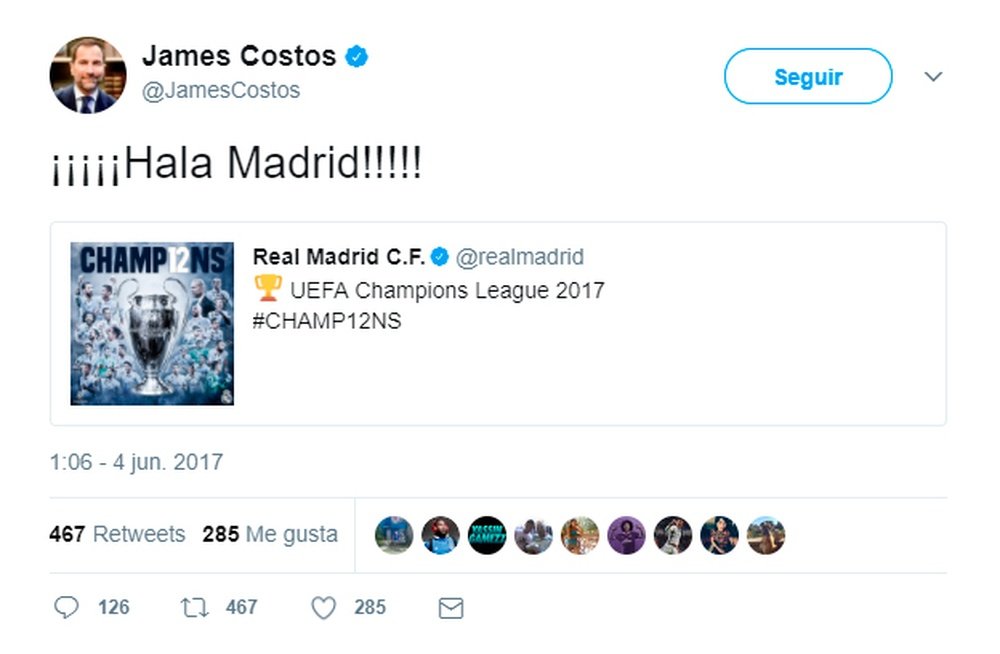 On June 3, Costos celebrated Real Madrid's Champions League final win over Juventus. Twitter