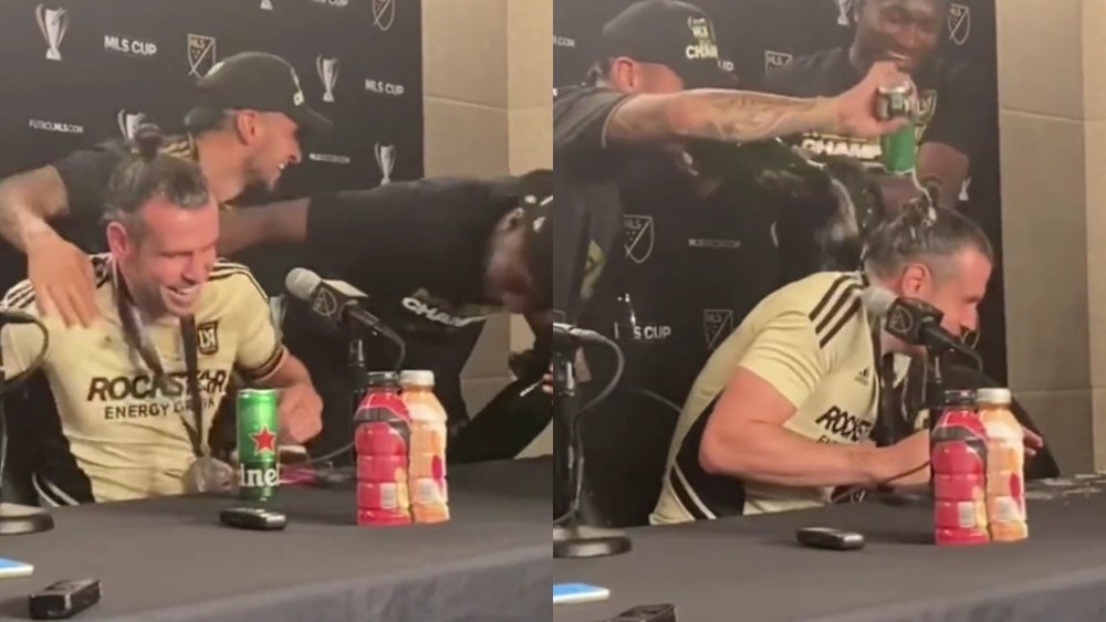 Gareth Bale has beer thrown all over him by his teammates. Screenshot/The Athletic