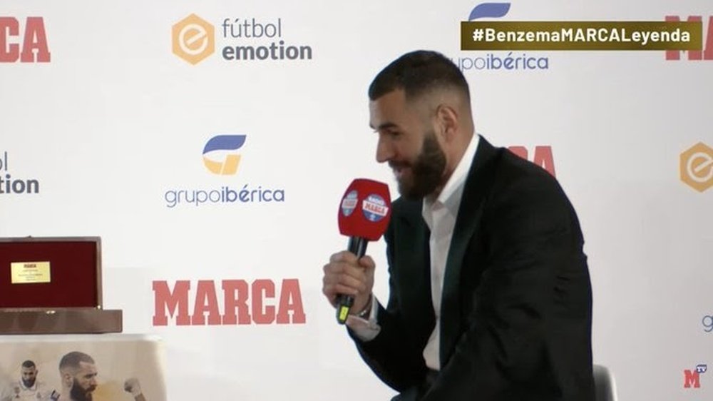 Benzema received the 'Marca Legend'award. Screenshot/Marca