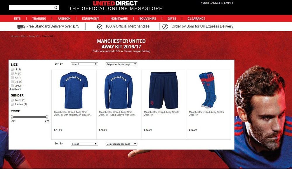 Captura de pantalla de la tienda oficial del Manchester United. ManUtd