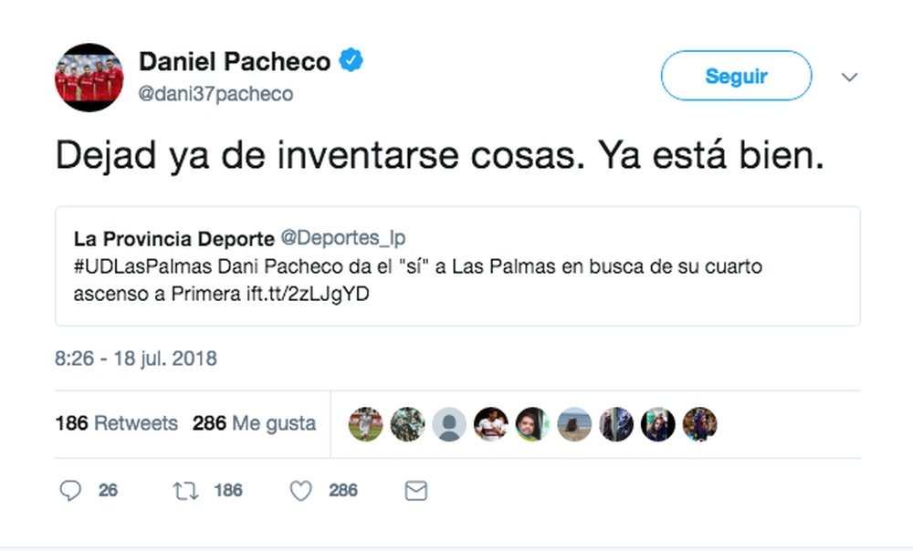 Dani Pacheco desmintió los rumores. Twitter/Dani37Pacheco