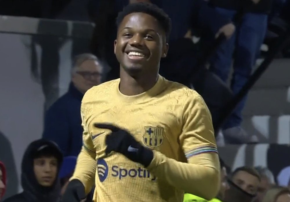 Captura de pantalla del festejo de Ansu Fati ante el Ceuta. Captura/MovistarPlus